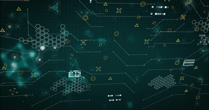 Glowing atomic structure floating within hologram connecting hexagon clusters and pixel arrays
