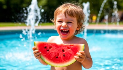 Cheerful kid enjoying watermelon slice while swimming, representing summer fun, healthy eating, and carefree childhood moments in bright outdoor setting