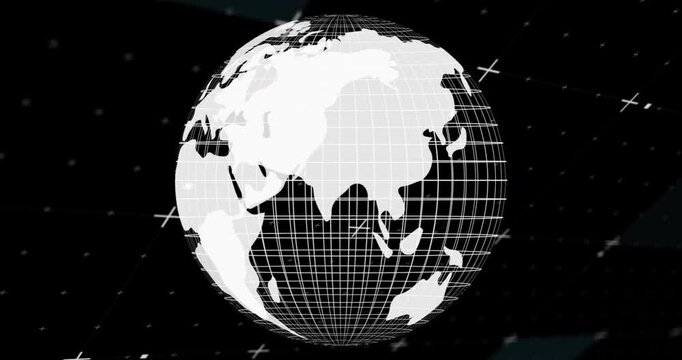 Wireframe globe spinning in virtual black space, displaying white grid lines and data markers