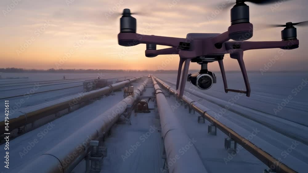 Poster modern drone with camera flying and inspecting snowy pipelines during sunset in winter, aerial view 