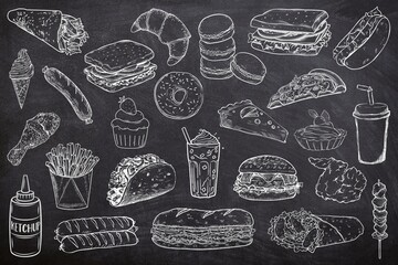 Various of fast food seamless set on black background. Sketch of street food on chalk board. Line art of food and drink on black board