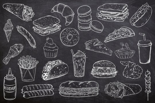 Naklejki Various of fast food seamless set on black background. Sketch of street food on chalk board. Line art of food and drink on black board