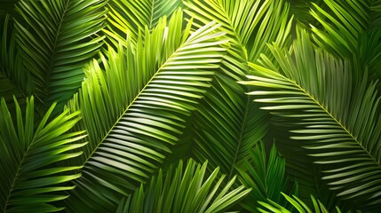 Obraz premium Lush tropical palm leaves illuminated by sunlight.