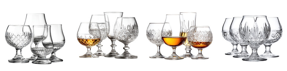 Exquisite collection of crystal glassware featuring a variety of shapes and sizes, ideal for serving whiskey or cocktails, enhancing your dining table with elegance and sophistication
