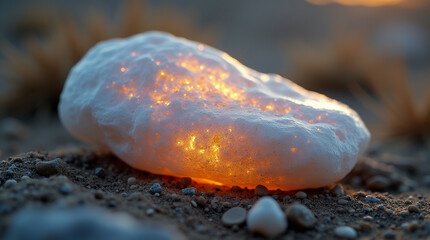 Ancient rune stone glowing in mystical desert close-up