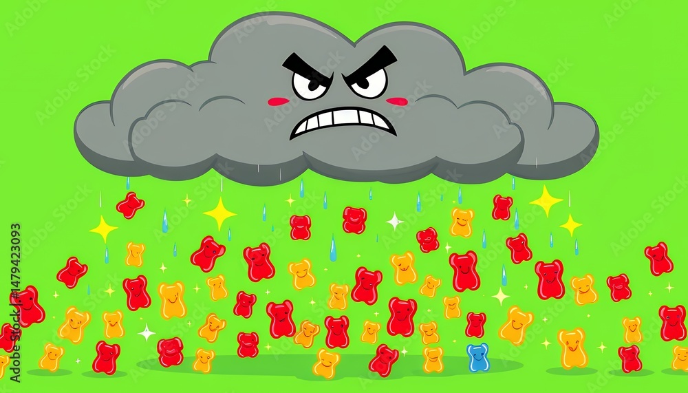 Poster pixel art grumpy cloud raining gummy bears isolated on green screen for vfx animation game element a