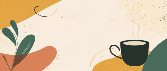 Obraz premium Minimalist abstract background with coffee cup and plant, warm earth tones and steam for a cozy and relaxing morning
