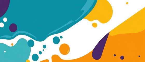 Abstract background with vibrant fluid shapes in teal, yellow, orange, and purple Modern graphic design with dynamic splash and playful dots for creative projects