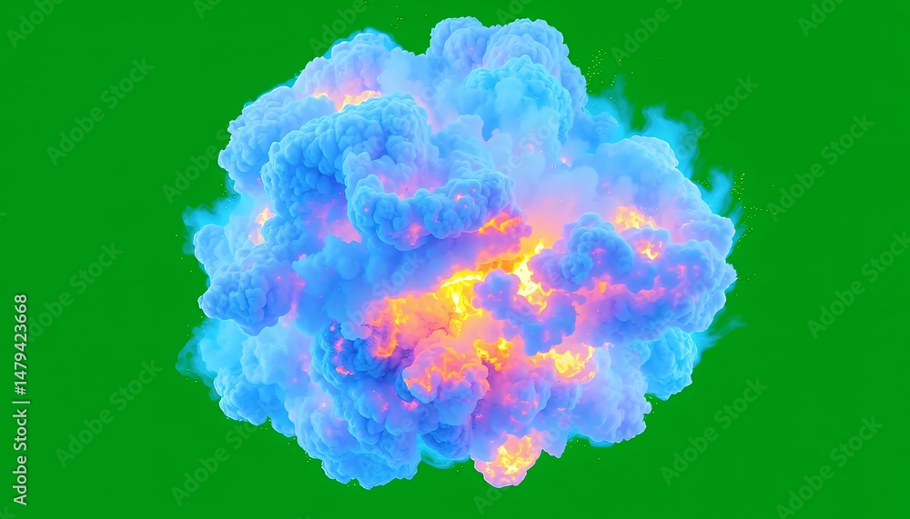 Poster dynamic blue and white smoke explosion with orange light on green screen background 3d render for vf