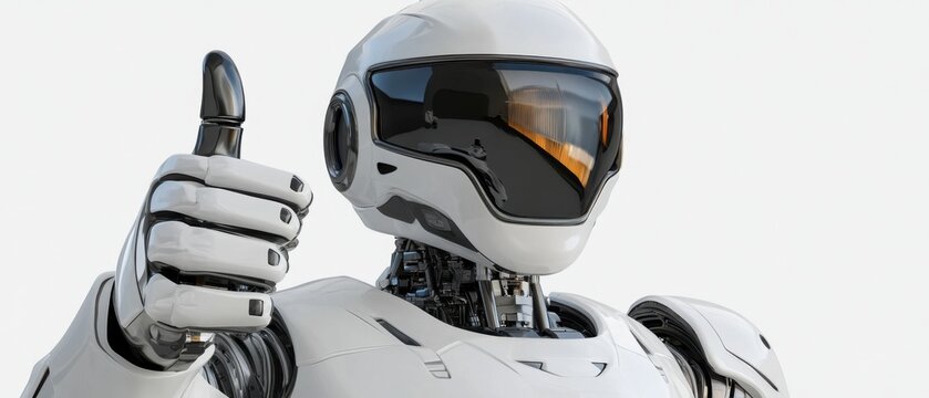 Futuristic Robot Giving Thumbs Up on White Background Close Up AI Concept Modern Technology Design