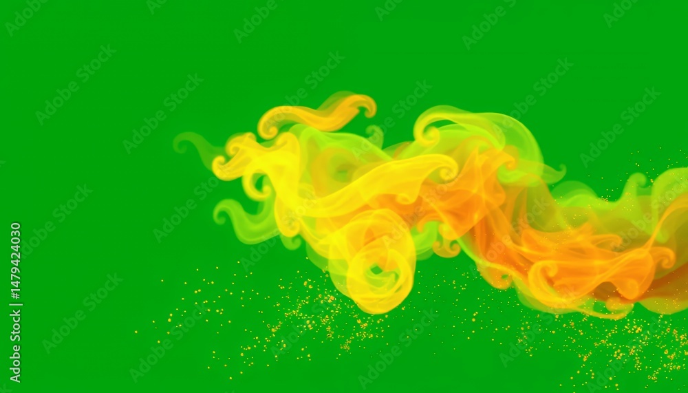 Poster flowing swirls of yellow and orange smoke with particles isolated on green screen for vfx and game e