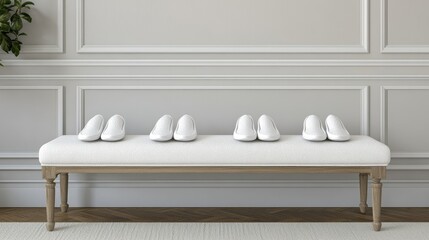 Slim feminine slippers placed in a row on a long, narrow shoe bench with clean lines