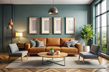 Modern Living Room Sofa Coffee Table Poster Frames 3D Render Mockup - Interior Design Inspiration