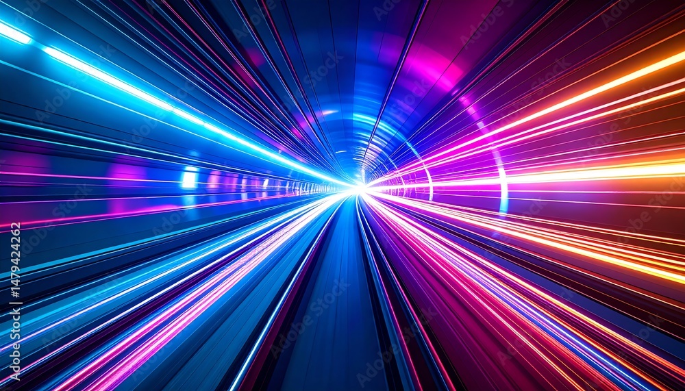 Poster vibrant light trails create a dynamic, futuristic tunnel effect, suggesting speed and motion