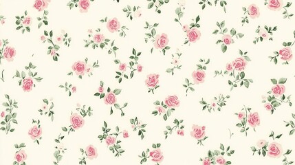 Delicate vintage rose pattern on cream background, repeating floral design, wallpaper style, flat lay, studio shot