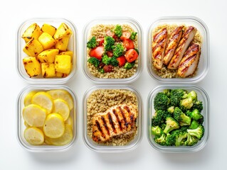 Meal Prep Power Healthy Food in Glass Containers on White Backdrop.