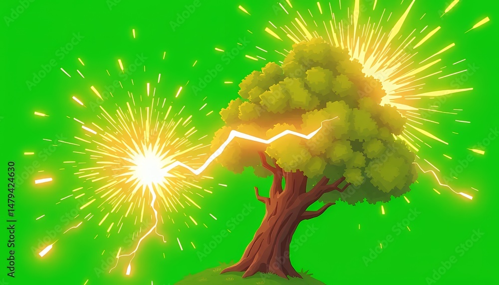 Poster isometric 3d pixel art tree struck by lightning isolated on green screen for vfx movie game element 