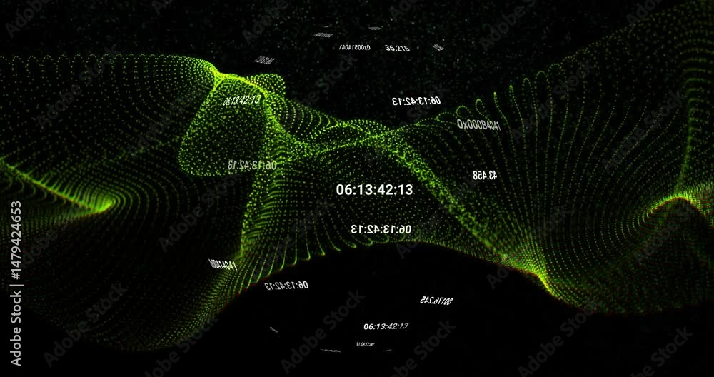 Poster green digital particle wave flowing across dark void, floating white codes moving through space