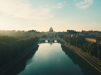 Obraz premium Sunrise view of Basilica di San Pietro with Ponte Sant'Angelo reflecting in Tiber River, Rome.