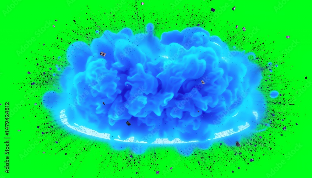 Poster isometric detailed blue explosion animation on green screen for visual effects use as a movie game f