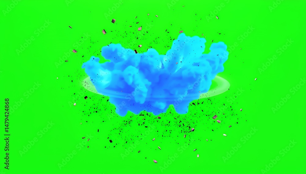 Poster isometric fluffy blue explosion with white ring effect isolated by green screen ideal for vfx movie 