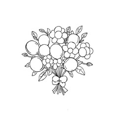 Bouquet of flowers with the addition of small balloons and ribbons on the stems of flowers hand drawn. Coloring page. Black and white vector illustration.