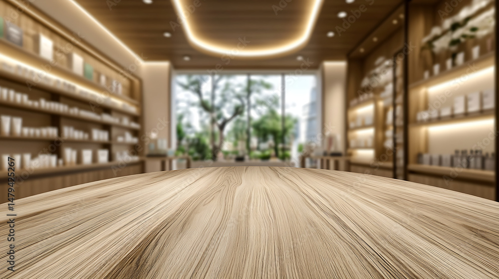 Poster Empty wooden table surface in focus with blurred background of beauty product shelves and a window overlooking green trees for product presentation or display