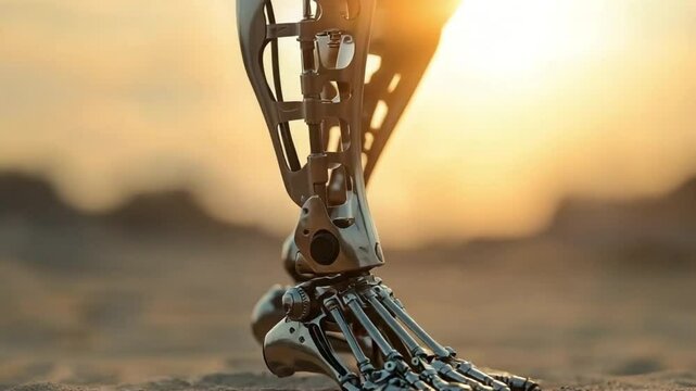futuristic leg brace reshaping with fluid metal, human silhouette blurred in background