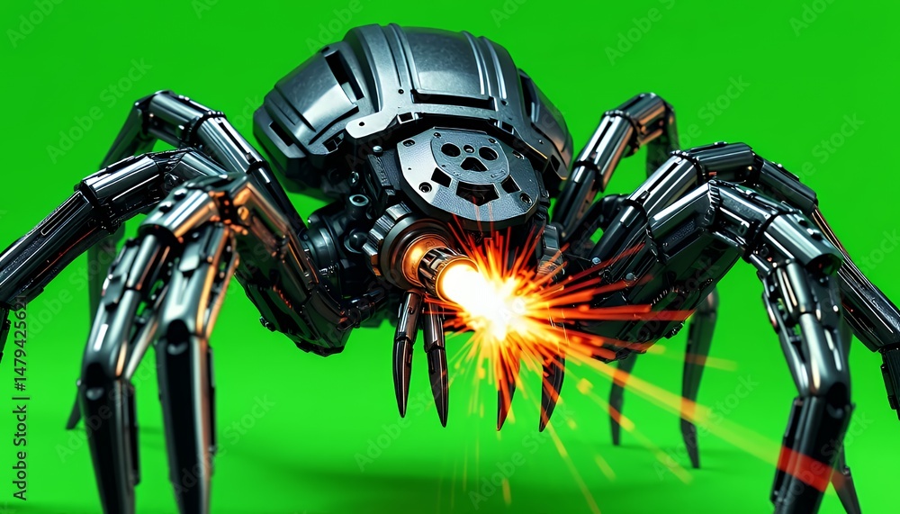 Poster metallic spider robot with sparks isometric 3d design isolated on green screen perfect for vfx movie