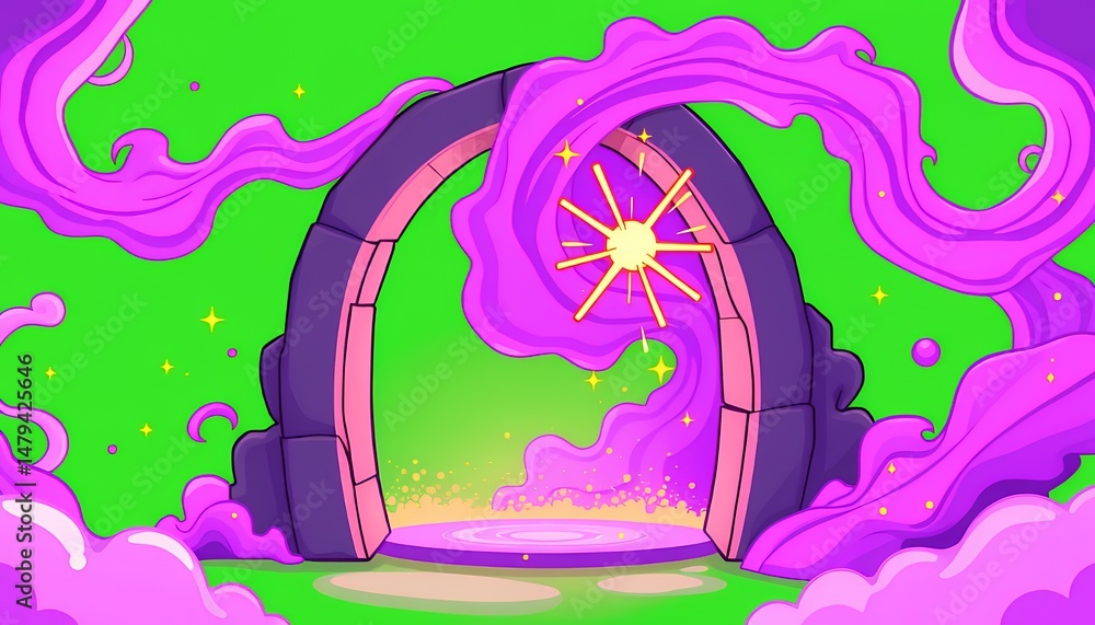 Poster mystical archway portal with pink smoke isolated on green screen for fantasy visual effects and anim