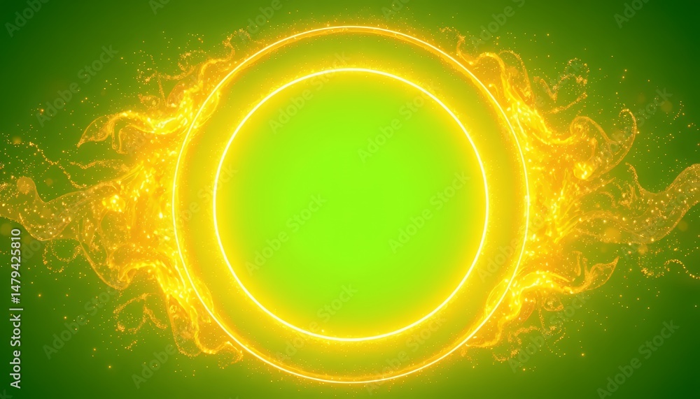 Poster radiant yellow light circle shimmers with particles isolated by green screen background perfect for 