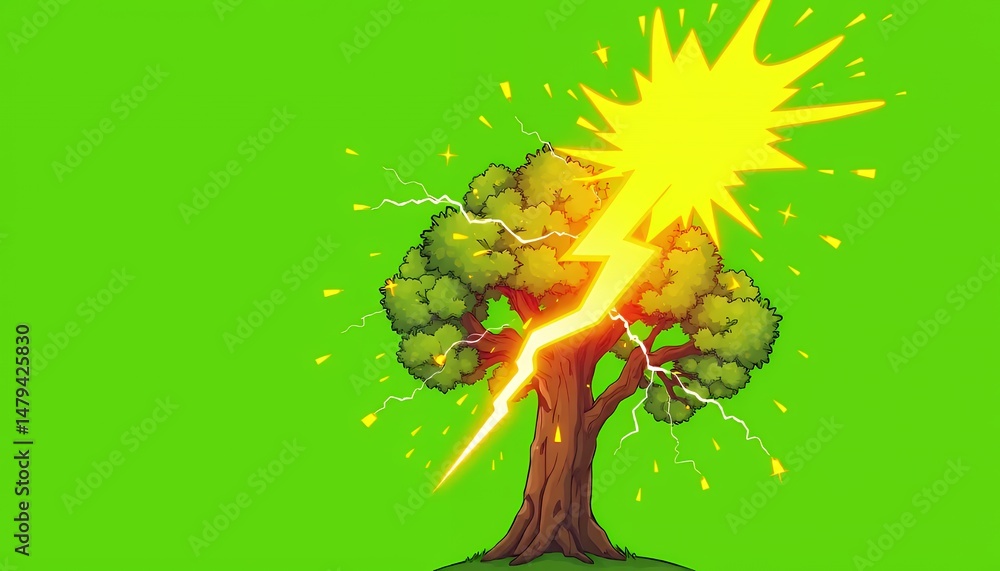 Poster pixelated tree hit by lightning strike with sparks animation isolated on green screen for movie and 