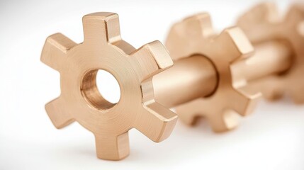 Obraz premium A close-up of golden metallic gears aligned in a row, symbolizing mechanics, engineering, and teamwork.