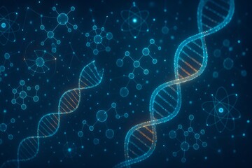 Scientific abstraction of DNA strands, molecules, and atomic structures rendered with glowing digital aesthetics
