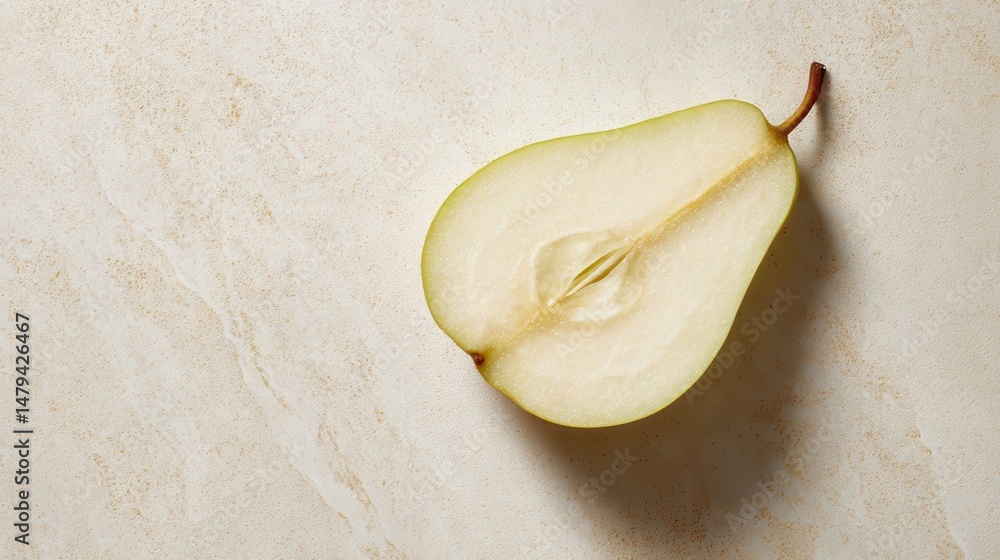 Poster close-up view of a pear half on a light surface.