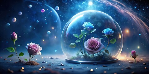 Cosmic Rose Garden Under a Celestial Dome A Fantasy Scene with Blooming Flowers in a Glass Sphere Against a Starry Night Sky Background