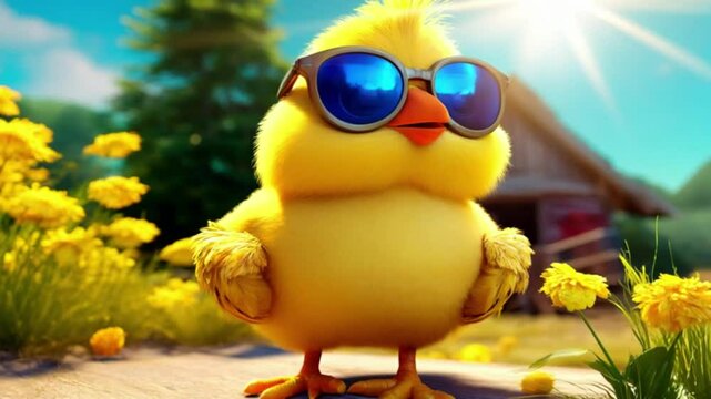  H&uuml;hnerk&uuml;ken mit Sonnenbrille am Bauernhof