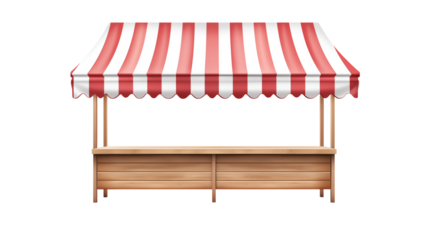Wooden Market Stall with Red and White Striped Awning Perfect for Retail Business Designs