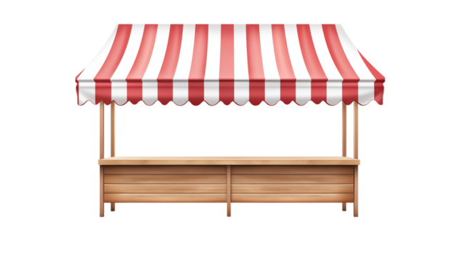 Wooden Market Stall with Red and White Striped Awning Perfect for Retail Business Designs - Powered by Adobe