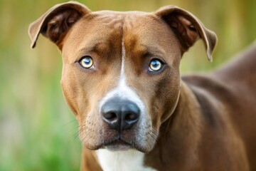 Portrait of adorable brown and white pit bull terrier dog showing blue eyes