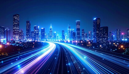 A vibrant city skyline illuminated at night with light trails from vehicles, showcasing modern architecture and dynamic energy