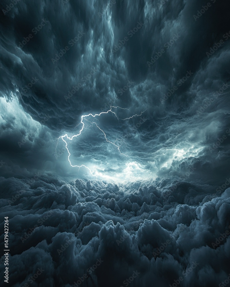 Poster dramatic low angle of lightning strike through dark stormy clouds at dusk creating a powerful and at