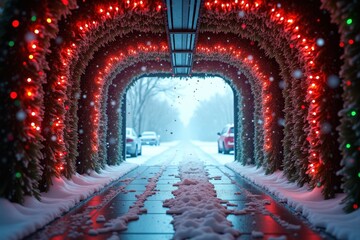 An empty car wash tunnel glowing with Christmas lights and covered in colorful tinsel, with foam residue on the floor and snow falling outside