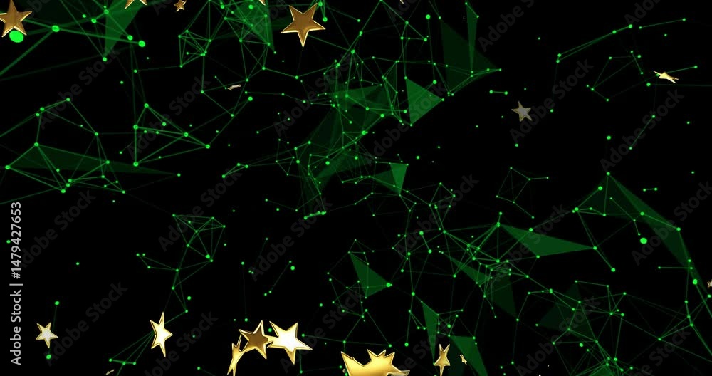 Poster central network of green nodes being animated across black void, showcasing floating golden stars