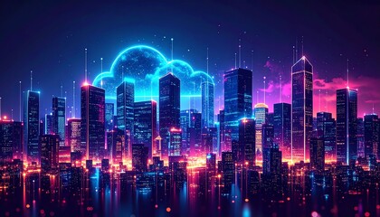 Fototapeta premium A vibrant city skyline illuminated by neon lights and clouds, showcasing a futuristic urban landscape at night