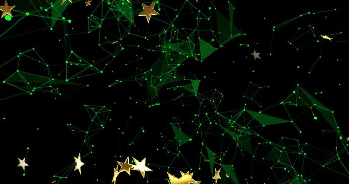 Central network of green nodes being animated across black void, showcasing floating golden stars