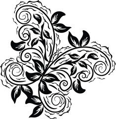 Black and white floral vector design with ornate flower, leaf, and swirl elements for a seamless vintage pattern