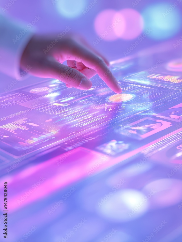 Poster hand interacting with touchscreen interface displaying data and digital graphics in futuristic envir