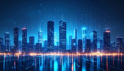 Fototapeta premium A futuristic city skyline illuminated with blue lights and digital elements, reflecting a blend of technology and modern architecture