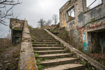 Fototapeta premium Weathered stone staircase leads to abandoned building, surrounded by nature reclaiming touch